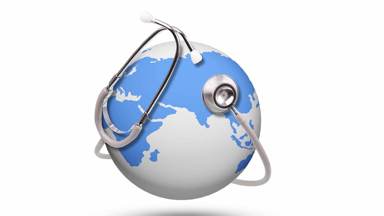 A drawing of the world with a stethoscope.