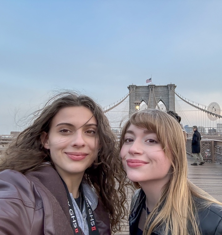 Olivia Discon and Christina Biello on the Brooklyn Bridge.