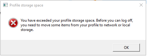 Profile storage exceeded warning window.