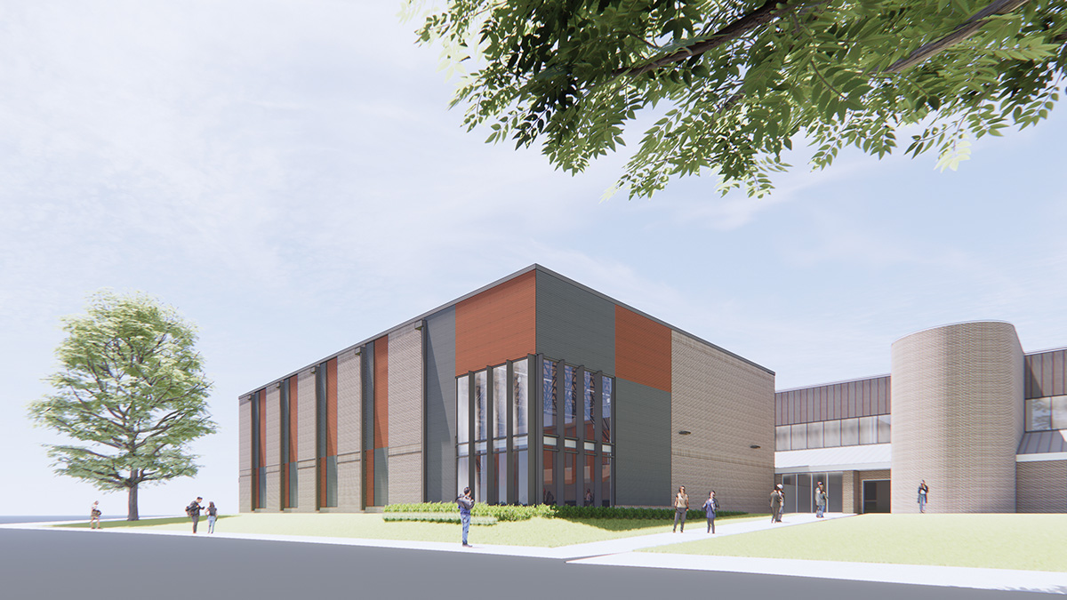 Artistic architectural rendering of the new San Jacinto hall, a residence hall for SHSU students. The structure is primarily orange brick, gray metal, and glass. It is four flours tall and has a large entrance.