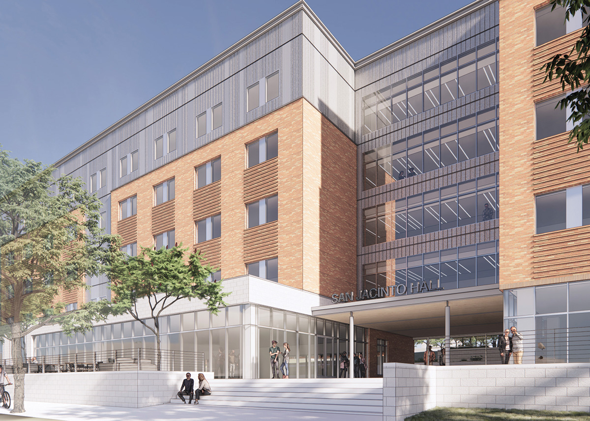 Artistic architectural rendering of the new San Jacinto hall, a residence hall for SHSU students. The structure is primarily orange brick, gray metal, and glass. It is four flours tall and has a large entrance.