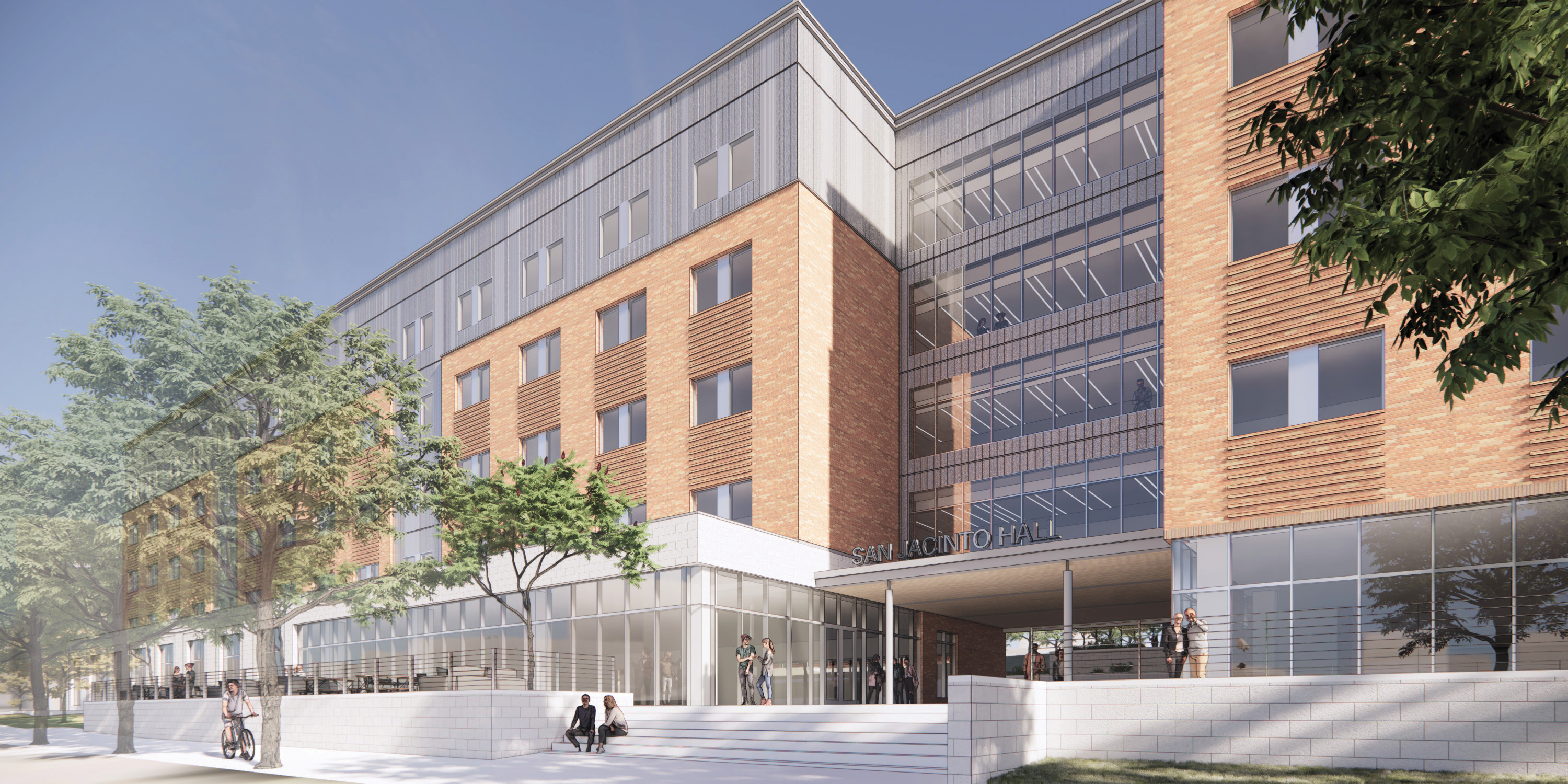 Artistic architectural rendering of the new San Jacinto hall, a residence hall for SHSU students. The structure is primarily orange brick, gray metal, and glass. It is four flours tall and has a large entrance.